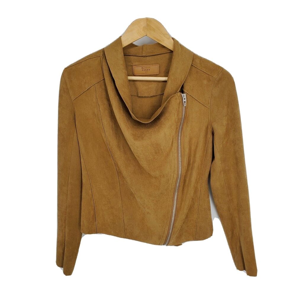 BlankNYC Womens Faux Suede Drape Front Moto Jacket Full Zip Camel Brown Size XS